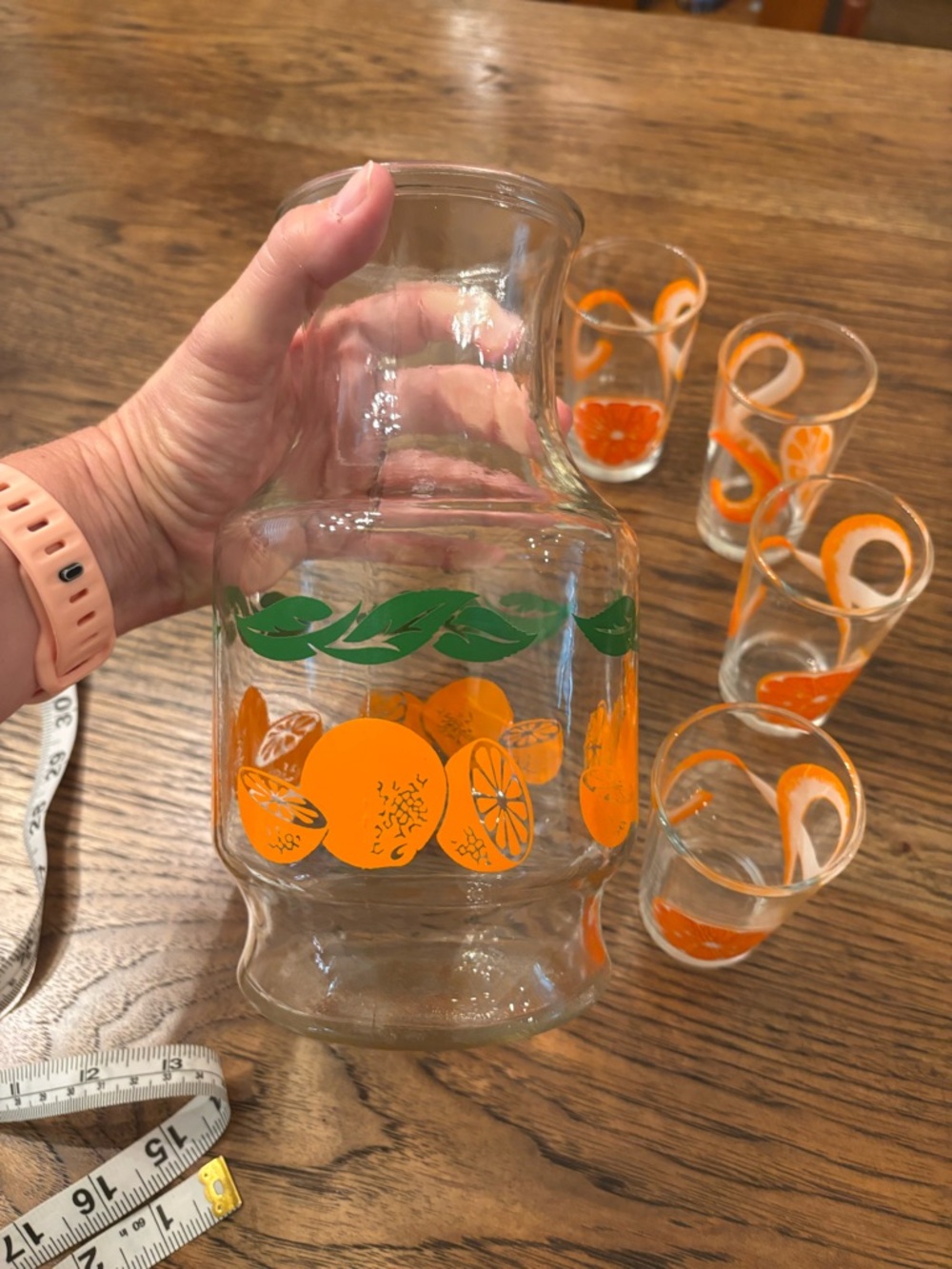 Vintage 1960s Anchor Hocking Citrus Orange Juice Carafe & 4 Juice Glasses MCM - Picture 5 of 15